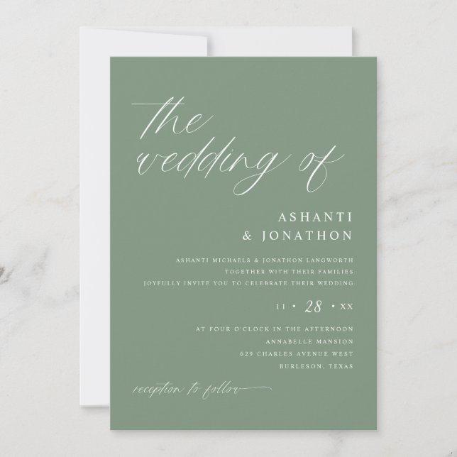 Invitation Romantique moderne Sage Mariage vert (Devant)
