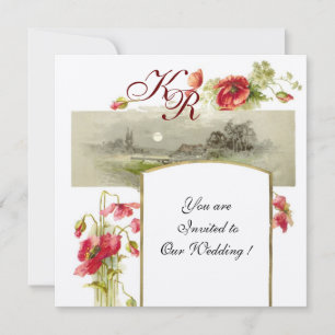 Invitation ROMANTIQUE MONOGRAMME / COQUELICOTS,rouge,vert bla
