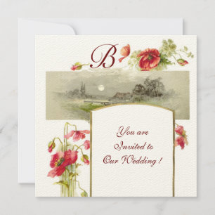 Invitation ROMANTIQUE MONOGRAMME / COQUELICOTS,rouge,vert,feu