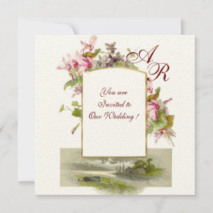 Invitation ROMANTIQUE MONOGRAMME /CYCLAMENS, rose et crème ve