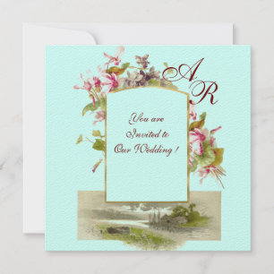 Invitation ROMANTIQUE MONOGRAMME /CYCLAMENS, rose vert bleu