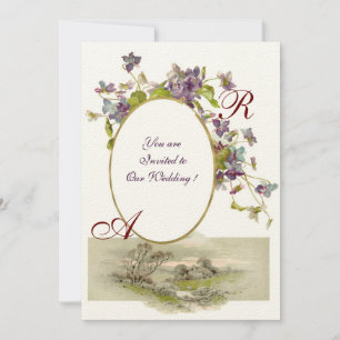 Invitation ROMANTIQUE MONOGRAMME/VIOLETTES, vert violet,crème