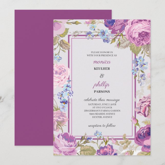 Invitation Romantique Moyen Violet Rouge Chou Rose Mariage (Devant / Derrière)