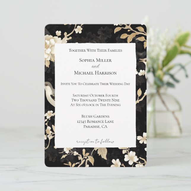 Invitation Romantique Noir Blanc Floral Oiseaux Mariage (Debout devant)