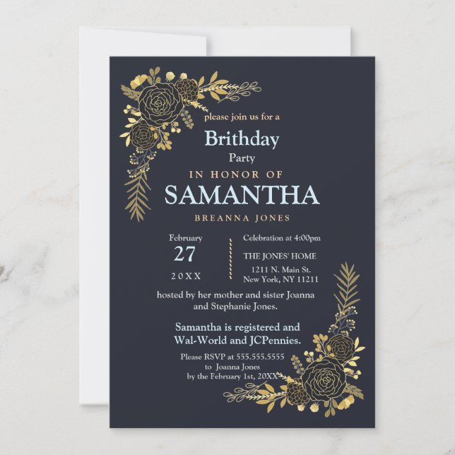 Invitation Romantique or Floral Navy bleu planificateur anniv (Devant)