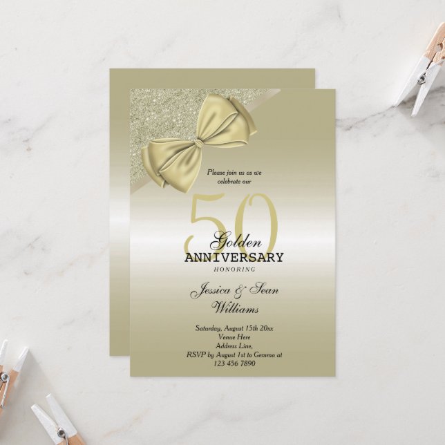 Invitation Romantique Or Ruban & Paillettes 50 ans de Mariage (Devant/Arrière en situation)