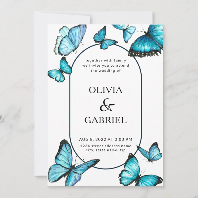 Invitation Romantique papillons bleu aquarelle. Airy Mariage (Devant)