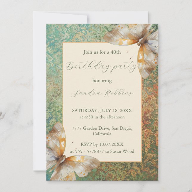 Invitation Romantique papillons orange et vert Anniversaire (Devant)