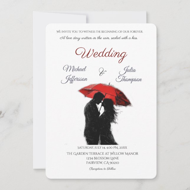 Invitation Romantique Parisien Parapluie Rouge Love Silhouett (Devant)