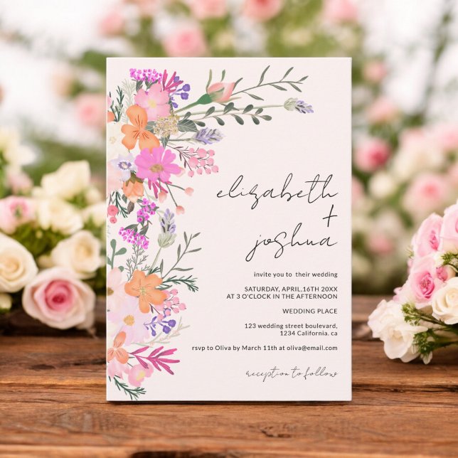 Invitation Romantique pastel fleurs sauvages printemps mariag (Romantic pastel wild flowers spring wedding invitation)