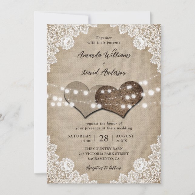 Invitation Romantique Pays Burlap Lights Floral Mariage dente (Devant)