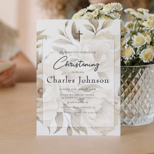 Invitation Romantique Peonies Beige Floral Fils Vintage Baptê