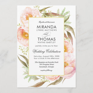 Invitation Romantique Peonies rose Aquarelle Mariage Floral