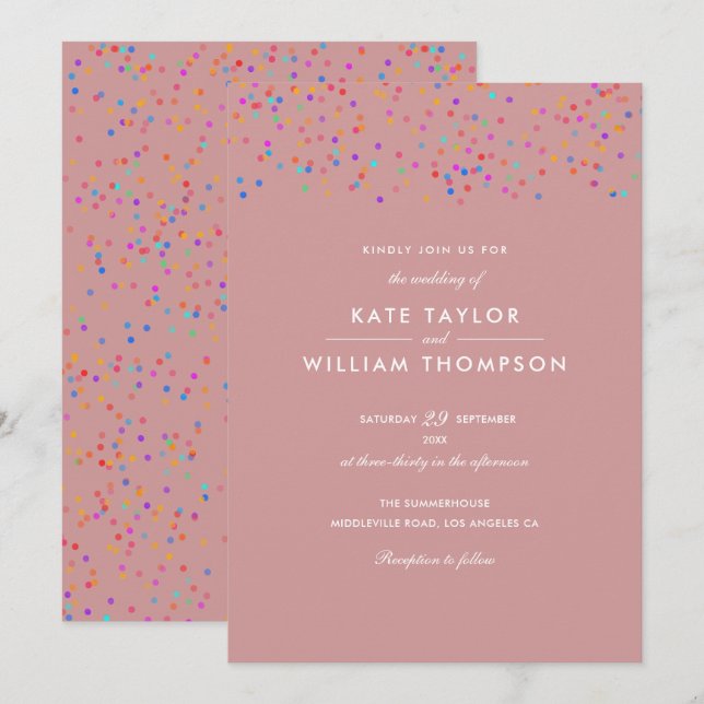 Invitation Romantique Rainbow Confetti Dusty Mariage Rose (Devant / Derrière)