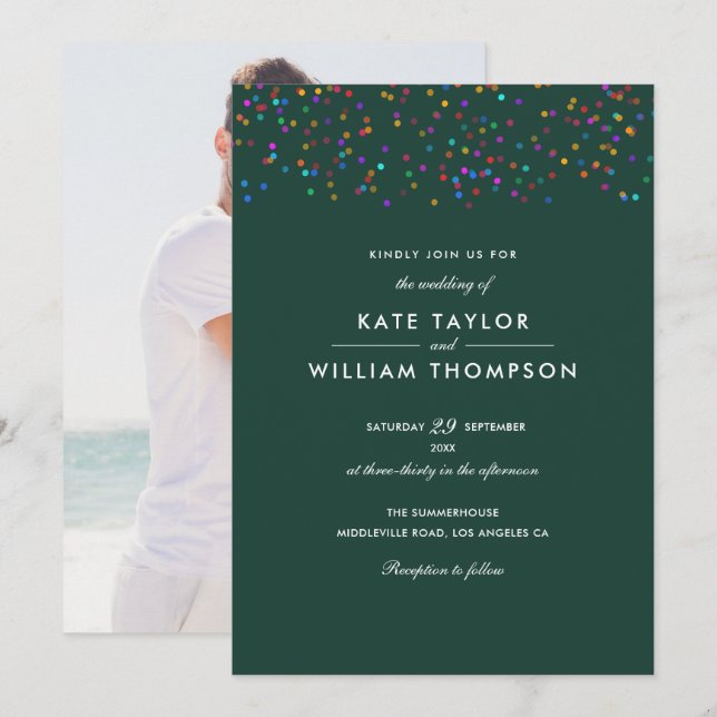 Invitation Romantique Rainbow Confetti Emerald Mariage photo (Devant / Derrière)