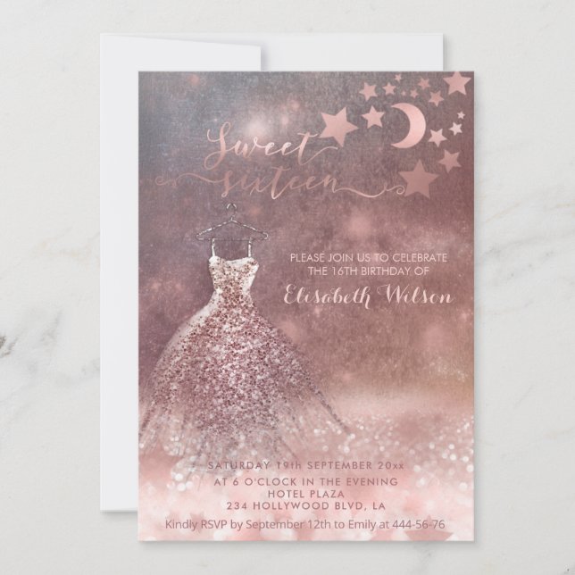 Invitation Romantique Rose d'or glitterie robe céleste Invita (Devant)