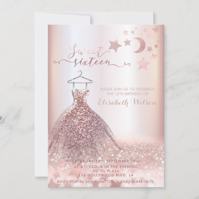 Invitation Romantique Rose d'or glitterie robe céleste Invita (Devant)