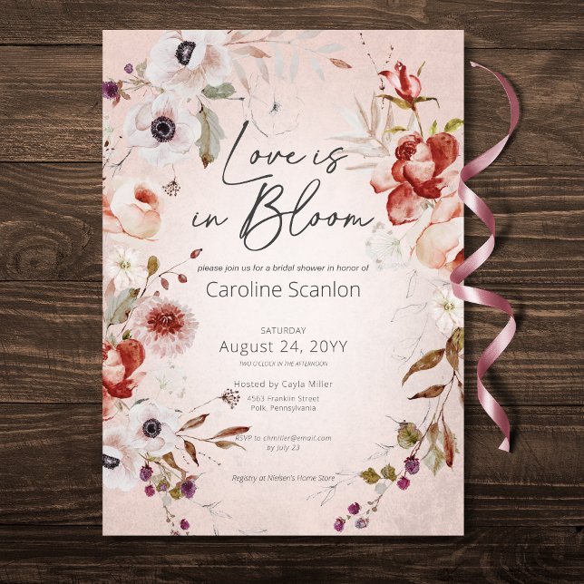 Invitation Romantique Rose Floral Amour Dans La Fête des mari (Romantic Rose Floral Love In Bloom Bridal Shower Invitation)
