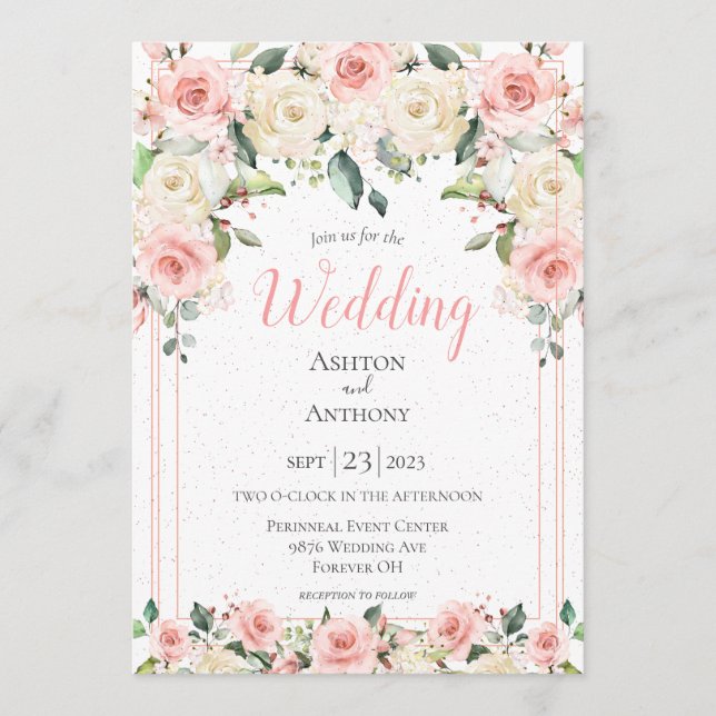 Invitation Romantique rose Floral Verdure Typographie Mariage (Devant)