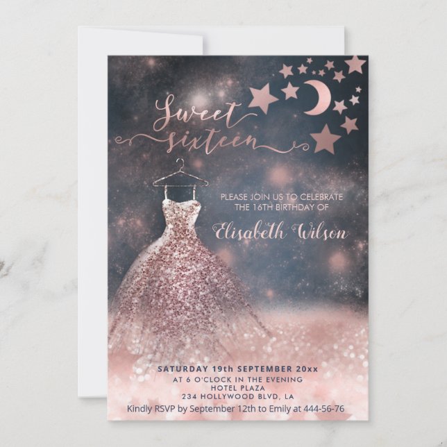 Invitation Romantique Rose or glitterie robe céleste (Devant)