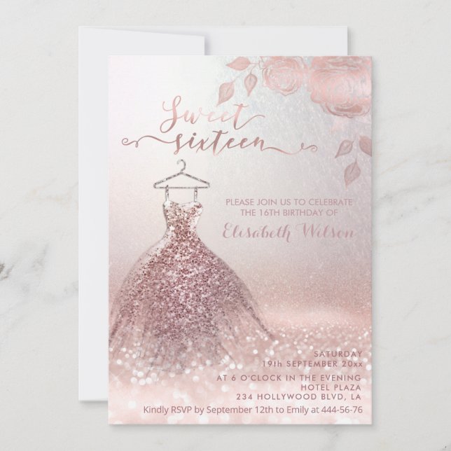 Invitation Romantique Rose or glitterie robe roses Invitatiat (Devant)