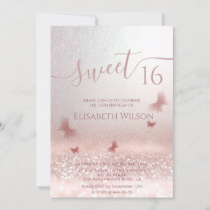 Invitation Romantique Rose or glitzer ombre photo papillon