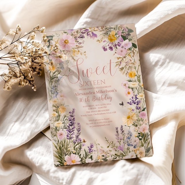 Invitation Romantique rose pastel Fleur sauvage doux 16 Invit (Créateur téléchargé)