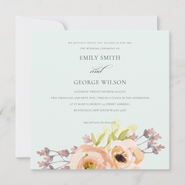 INVITATION ROMANTIQUE ROSE PEACH BLEU DOUX BLEU MARIAGE FLORA (Devant)