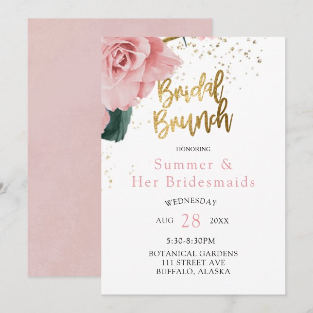Invitation Romantique rose Roses Gold Bridesmaitres Déjeuner (Devant / Derrière)
