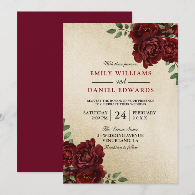 Invitation Romantique Rose rouge Bourgogne Golden Elegant Mar (Devant / Derrière)