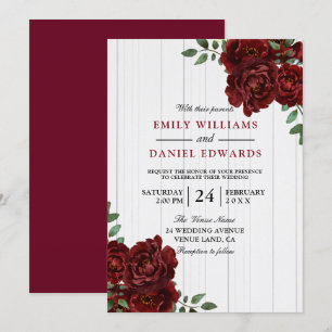 Invitation Romantique Rose Rouge Bourgogne Mariage en bois In