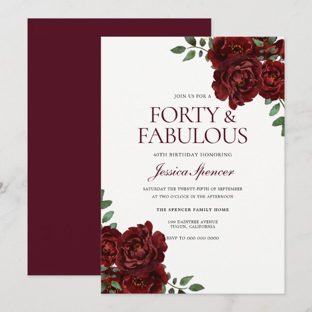 Invitation Romantique Rose rouge quarante et fabuleux 40e ann (Devant / Derrière)