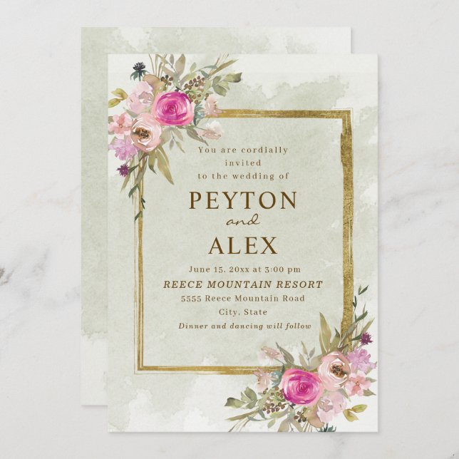 Invitation Romantique rose violet Sage vert Feuille or (Devant / Derrière)