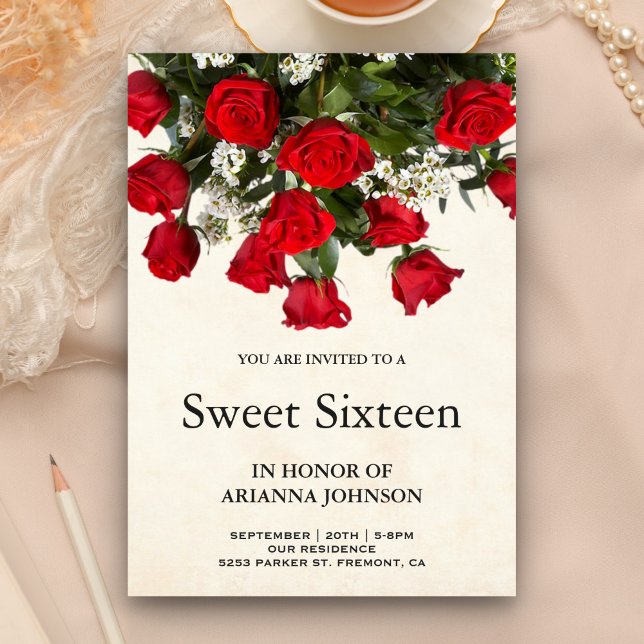 Invitation Romantique Roses Rouges Bouquet Sweet sixteen (Créateur téléchargé)