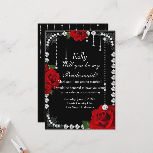 Invitation Romantique Roses Rouges Et Diamants (Devant/Arrière en situation)