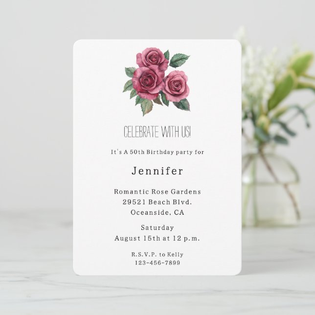 Invitation Romantique Roses Rouges Florales Anniversaire (Debout devant)
