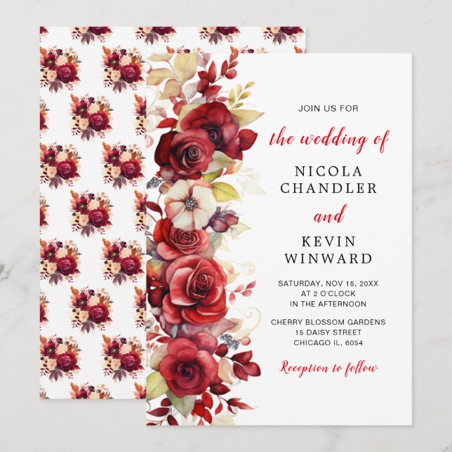 Invitation Romantique Roses Rouges Mariage Floral (Devant / Derrière)