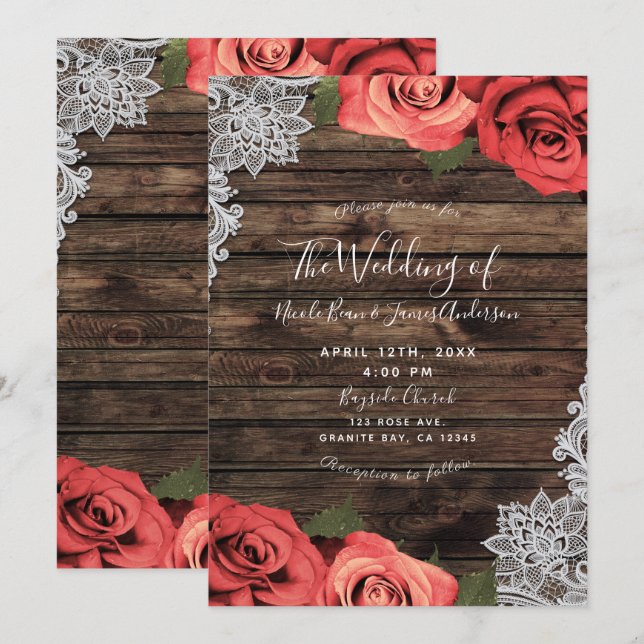 Invitation Romantique Rouge Floral Rose Rustique Mariage de d (Devant / Derrière)