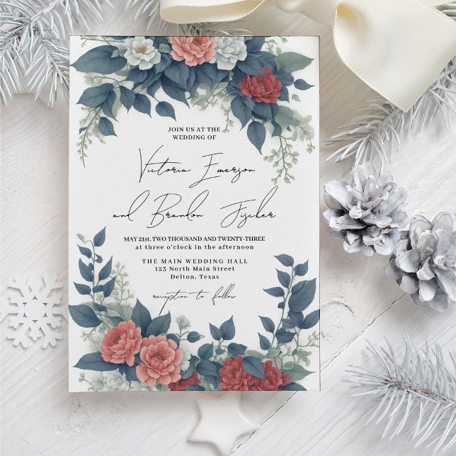 Invitation Romantique rouge rose bleu hiver Mariage Floral (Créateur téléchargé)