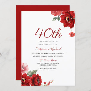 Invitation Romantique Ruby Rouge Floral 40e anniversaire