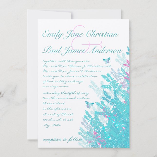 Invitation Romantique Rustique Aqau Fleur sauvage rose abeill (Devant)