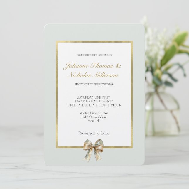 Invitation Romantique Rustique Green Blanc Bow Mariage (Debout devant)