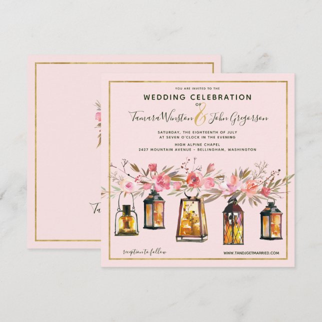 Invitation Romantique Rustique Rose Lanternes d'or Mariage Fl (Devant / Derrière)