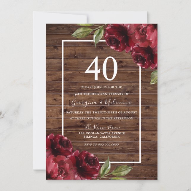 Invitation Romantique Rustique Roses Rouges 40e anniversaire  (Devant)
