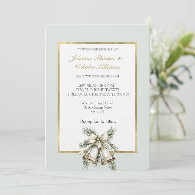 Invitation Romantique Rustique Vert Blanc Or Cloches Bow Mari (Debout devant)