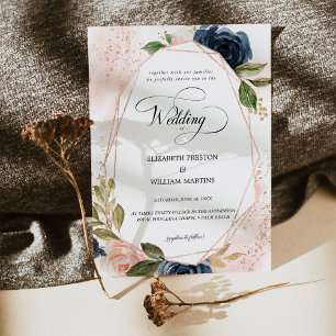 Invitation Romantique Script Blush Rose Marine Mariage Floral