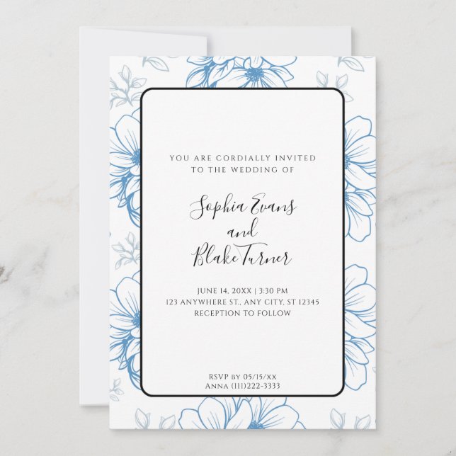 Invitation Romantique Simple Ligne Bleue Tiré Fleurs Mariage (Devant)