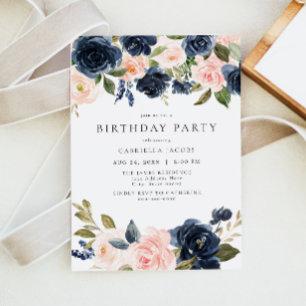 Invitation Romantique & Sweet Navy Blush Floral fête d'annive