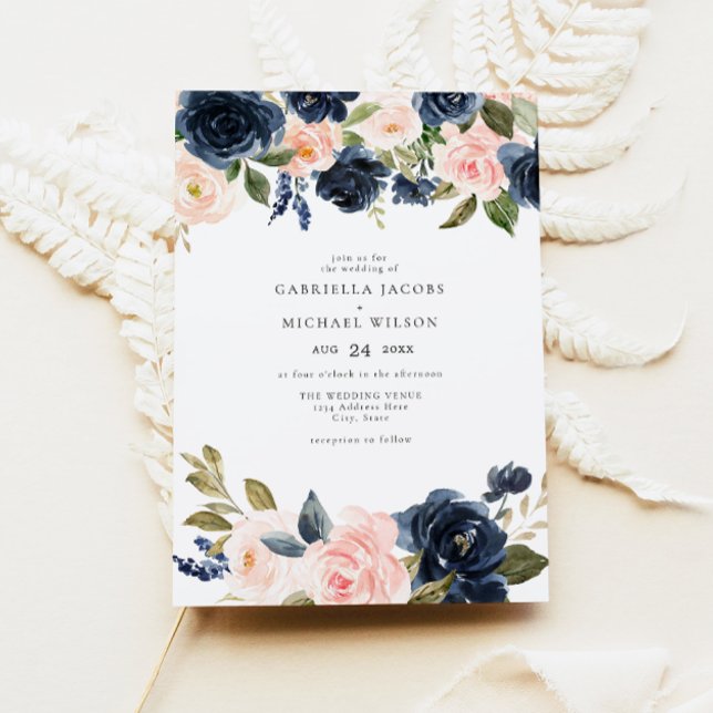 Invitation Romantique & Sweet Navy Blush Floral Garden Mariag (Créateur téléchargé)