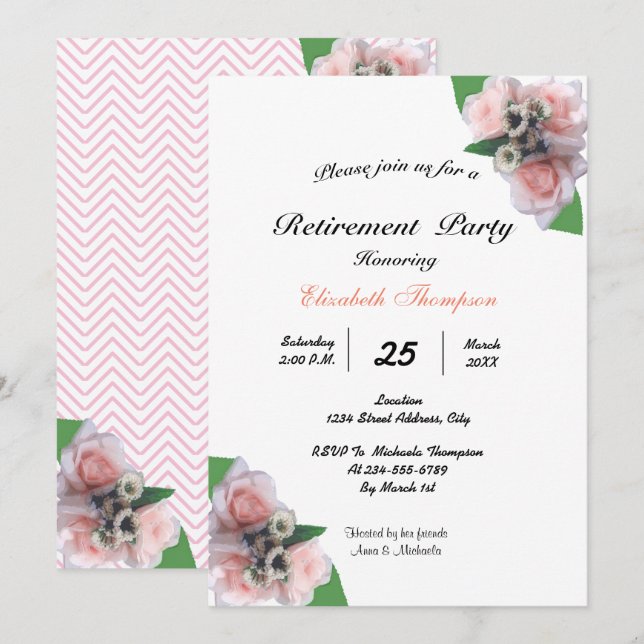 Invitation Romantique trois roses rose fleurie Parti de retra (Devant / Derrière)